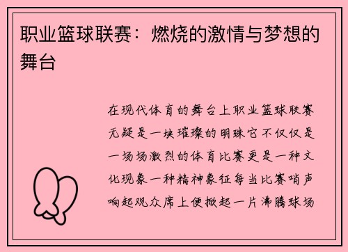职业篮球联赛:燃烧的激情与梦想的舞台